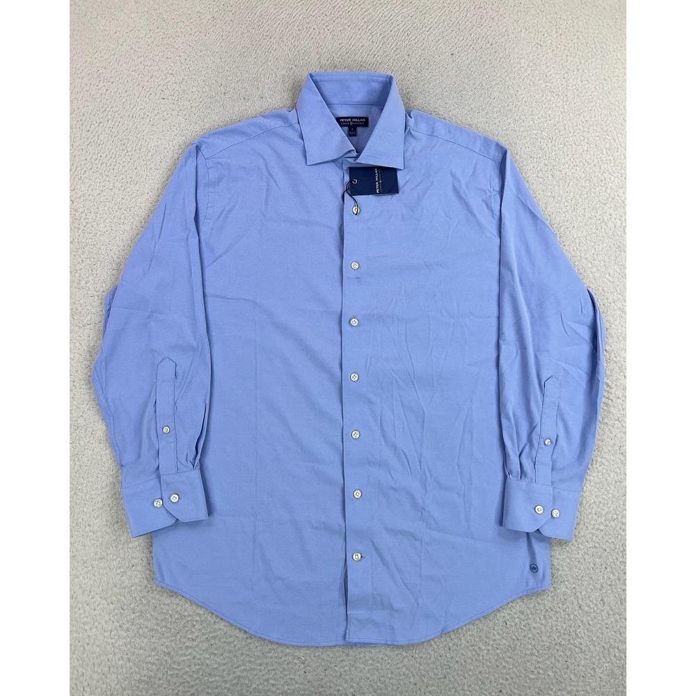 Peter Millar Crown Crafted Dress Shirt Mens Large Blue Solid Slim Stretch LS NEW